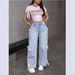 Women's Clothing Street Hot Girl Bow Collage Washed Jeans Straight Trousers_mkmklike.com