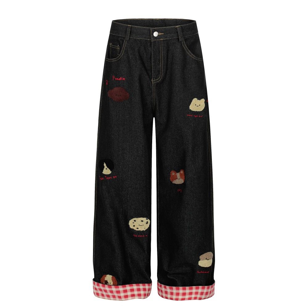 American Street Style Bear Embroidery Straight-Leg Jeans For Men With Design Sense, Rolled Hem, Color-Block Plaid_mkmklike.com