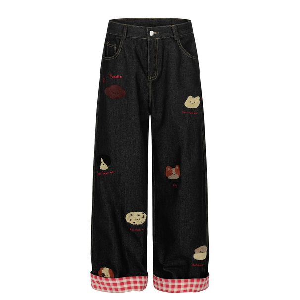 American Street Style Bear Embroidery Straight-Leg Jeans For Men With Design Sense, Rolled Hem, Color-Block Plaid_mkmklike.com