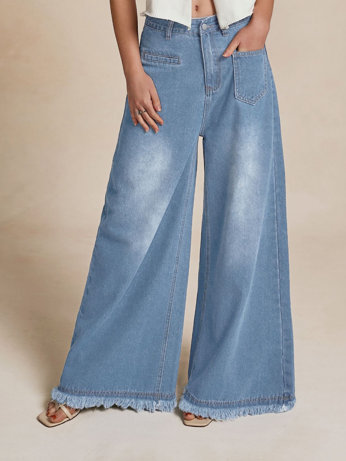 Women's Clothing Street Retro Wide Leg Frayed Edge Washed Denim Trousers_mkmklike.com