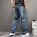 Men's Premium Vintage Washed Distressed Jeans – Relaxed Straight-Leg Denim Pants With Artful Rips & Fading (Retro Blue)_mkmklike.com