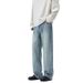 Men's Light Blue Washed Jeans - Vintage Straight-Leg Distressed Denim Pants With Cat Whisker & Knee Rips For Urban Streetwear_mkmklike.com