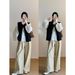 Chicco Early Autumn Full Set Outfit Korean Retro Denim Cardigan Vest For Women White Shirt + Loose Vertical Wide-Leg Pants_mkmklike.com