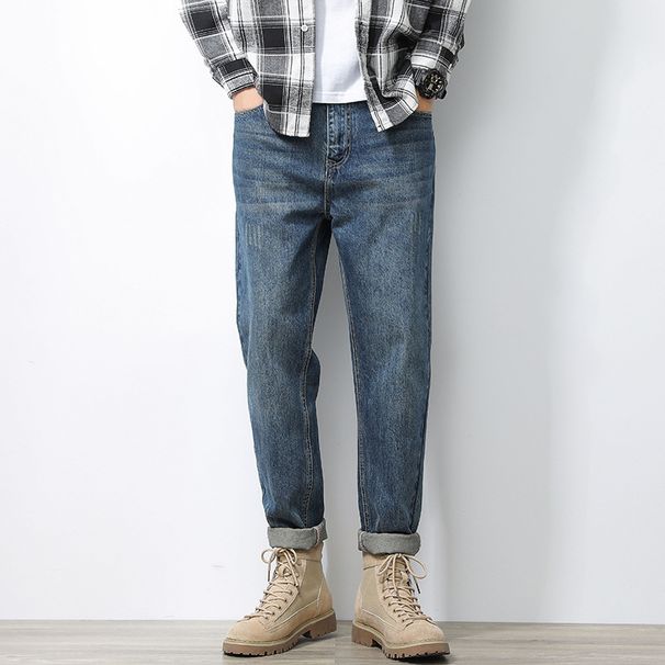Men's Loose Fit Vintage Washed Denim Jeans – Streetwear Style High Waist Straight-Leg Pants (82.9% Cotton, Stone-Washed, Distressed Details)_mkmklike.com