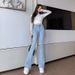 Light Blue Flared Jeans For Women, 2025 Autumn New High-waisted Stretch Slimming Bell-bottom Pants_mkmklike.com