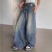 Women's Oversized Blue Distressed Denim Jeans - High Waist Wide Leg Long Pants With Ripped Details_mkmklike.com