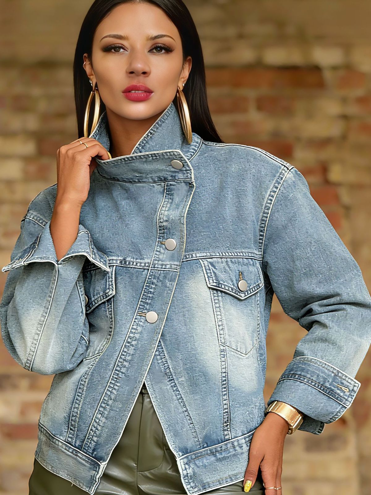 Women's Clothing Vintage Washed Denim Jacket – Motorcycle-Inspired Collar & Distressed Details (5 Sizes, Light Blue)_mkmklike.com