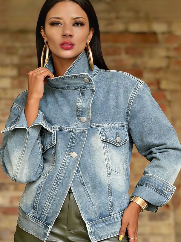 Women's Clothing Vintage Washed Denim Jacket – Motorcycle-Inspired Collar & Distressed Details (5 Sizes, Light Blue)_mkmklike.com