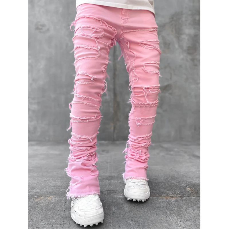 Men's Slim Straight Jeans With Stretch & Patchwork - Street Fashion Washed Denim Pants For Teens & Young Adults (Multiple Colors & Sizes)_mkmklike.com