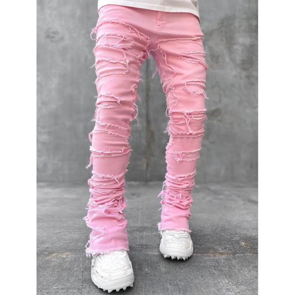 Men's Slim Straight Jeans With Stretch & Patchwork - Street Fashion Washed Denim Pants For Teens & Young Adults (Multiple Colors & Sizes)_mkmklike.com