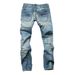 Museum Retro Nostalgic Button Denim Jeans Men's Hand Worn Out Hole Nostalgic Light Blue Straight Tube Slimming Denim Long Pants_mkmklike.com