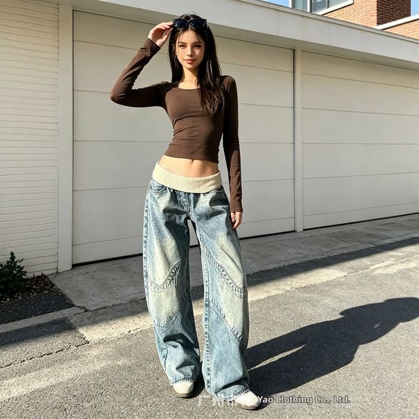 Women's Vintage Distressed Washed Deconstructed Jeans mid Rise Ribbed Waist Visible Stitching Pleats Wide Leg Silhouette_mkmklike.com