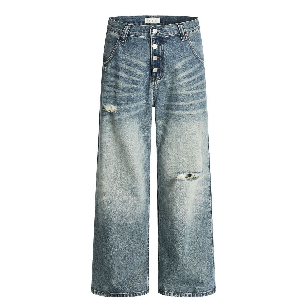 Distressed Washed Denim Men Loose Vintage Frayed Wide-Leg Straight Street Style Versatile Dad Pants_mkmklike.com
