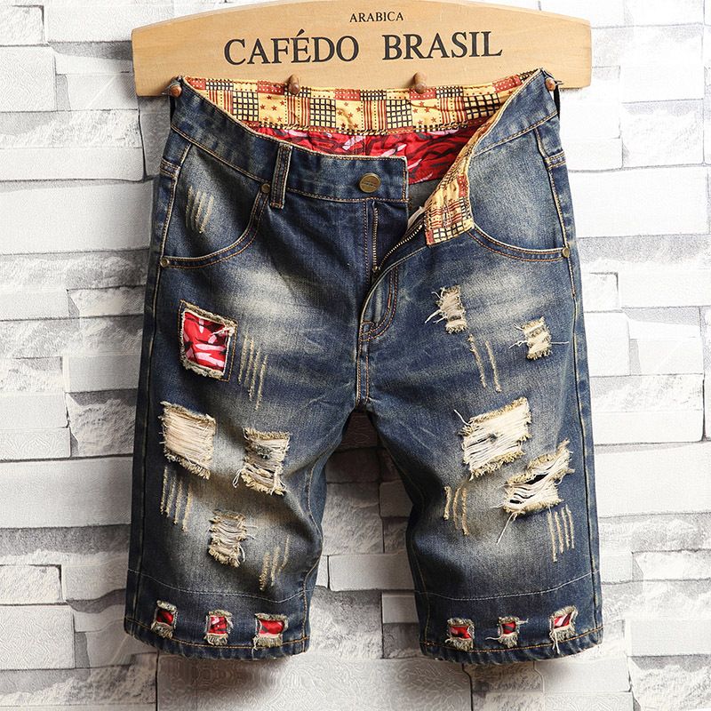 plus Size Trendy Ripped Denim Shorts For Men Loose Fitting Unique Distressed Style Five Point Mid Length_mkmklike.com