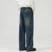 Men's Retro Black And Gray Elastic Waist Jeans Loose Straight Leg Wide Leg Floor Length Pants Unisex_mkmklike.com
