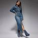 K Women's Lapel Button Long Sleeved Slit New Denim Long Dress_mkmklike.com