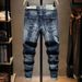 Men's Distressed Patchwork Jeans - Slim Fit Stretch Denim Pants With Raw Hem Detail Comfort-Enhanced Fit_mkmklike.com