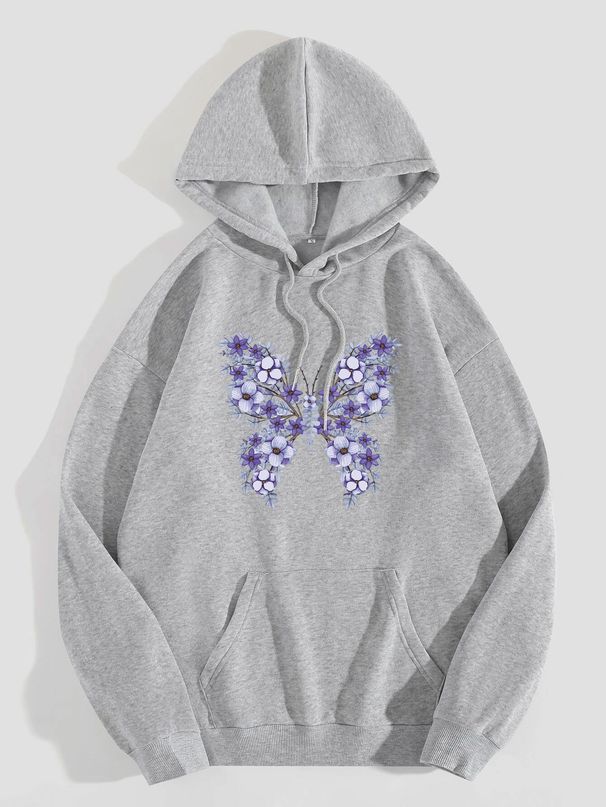 Women's Hoodie Long Sleeve Hoodies & Sweatshirts Printing Pocket Casual Flower Butterfly_mkmklike.com