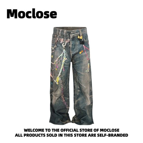 Men's Clothing Moclose American Street Retro Candy Chain Print Men's And Women's Casual Loose Straight Wide Leg Jeans_mkmklike.com