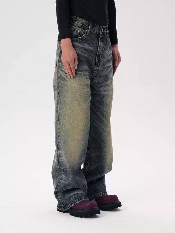 Men’s & Women’s Vintage Storm Snow Wash Jeans – Distressed Straight-Leg, Relaxed Fit, Artisan Whiskering_mkmklike.com