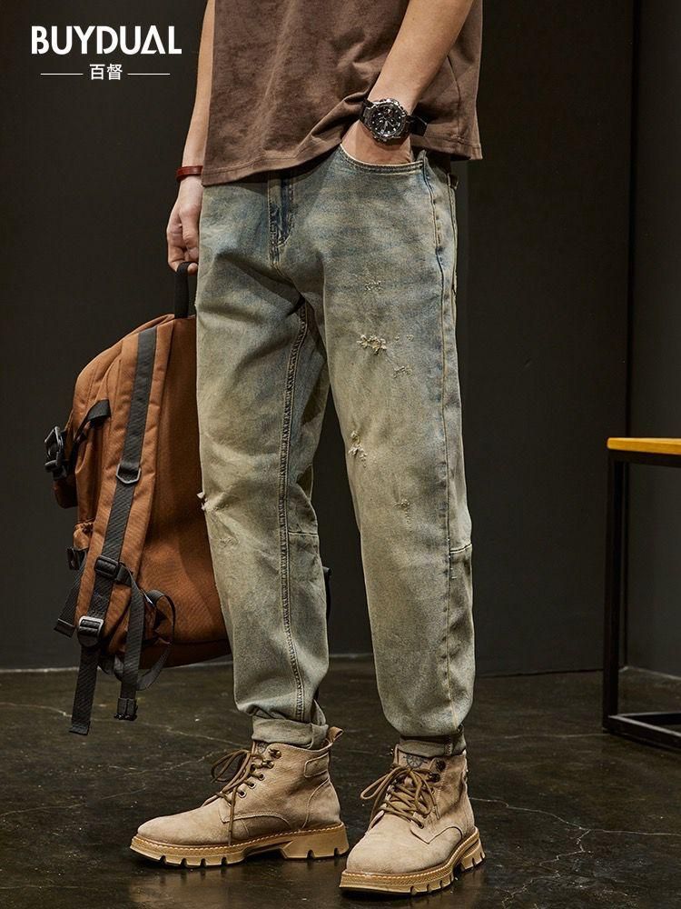 Men's Distressed Straight-Leg Jeans – Vintage Washed Denim With Ripped Details (Light Blue, Sizes 28-36)_mkmklike.com