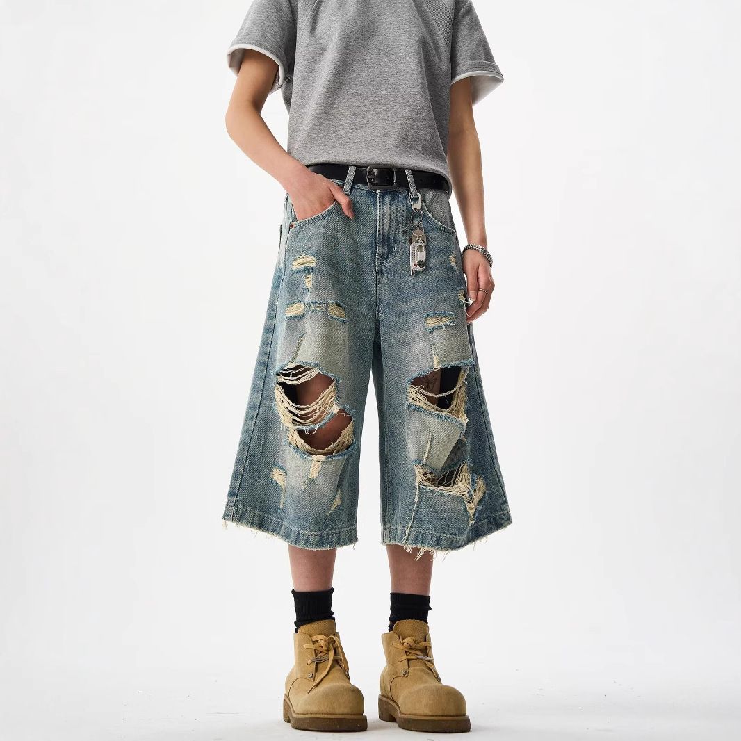 Men's Clothing Retro Niche High Street Ripped Denim Cropped Trousers For Men And Women Loose Casual Drape_mkmklike.com