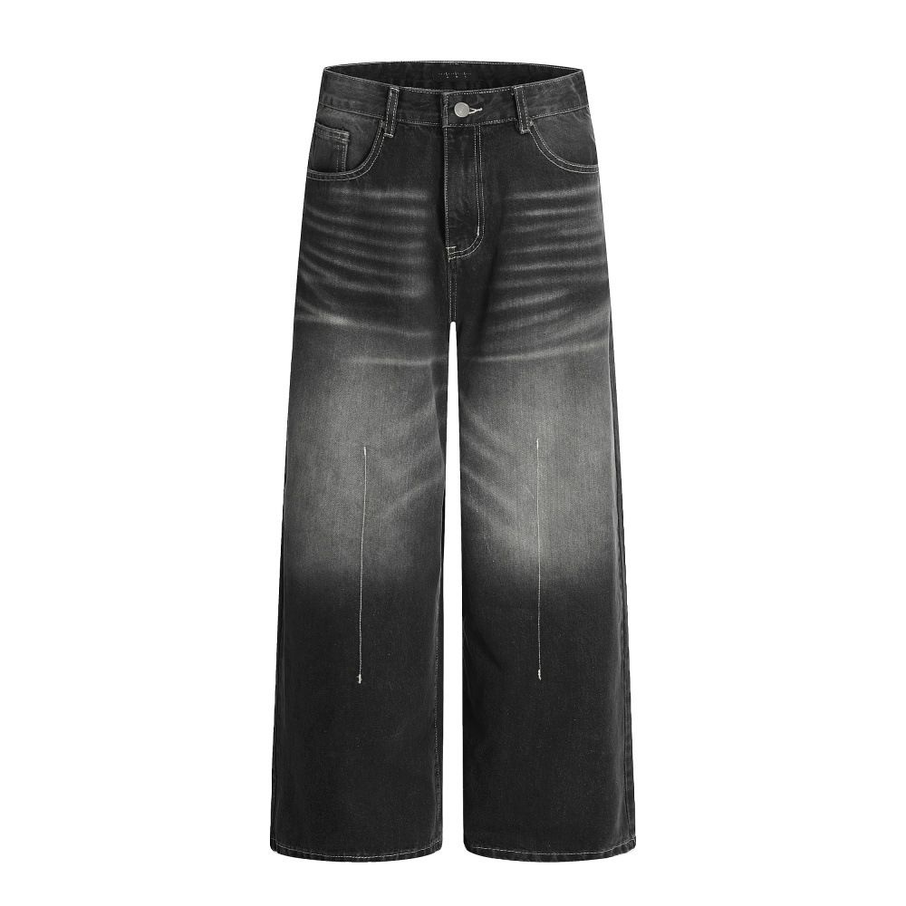 Vintage Washed White Denim Wide-Leg Men's Design Sense Spray Paint Vibe Trendy Brand High Street Casual Loose Straight_mkmklike.com