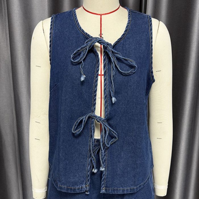 K Fashionable And Casual Sleeveless Lace Up High Waisted Women's Vest Denim Suit Shorts_mkmklike.com