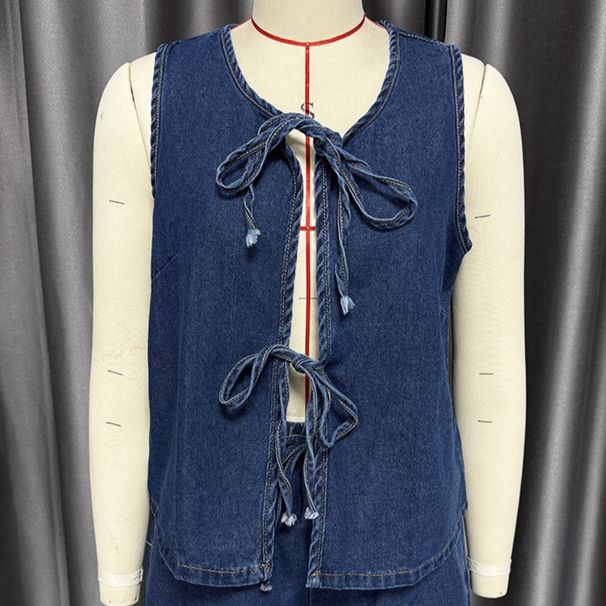 K Fashionable And Casual Sleeveless Lace Up High Waisted Women's Vest Denim Suit Shorts_mkmklike.com