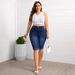 Plus Size Washed Blue Stretch Denim Shorts, Mid Waist Slimming Rolled Up Shorts, Cross Border Wholesale_mkmklike.com