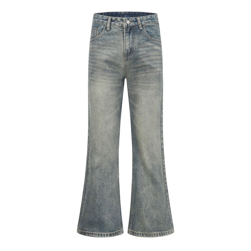Men's Vintage Style Flared Washed Wave-Pattern Loose Straight Leg Jeans With Fleece Lining Fashion Trends_mkmklike.com