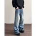Men's Clothing Men's Cleanfit Lightning Crackle Washed Denim Jeans High Street Loose Straight Leg Flared Pants Retro Style_mkmklike.com