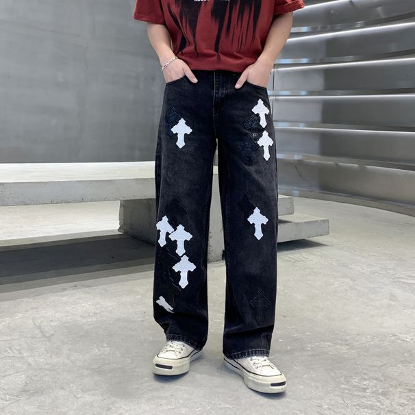 Men's Streetwear Cross Embroidery Denim Jeans - Relaxed Straight Leg Boyfriend Pants For Couples Street Style_mkmklike.com