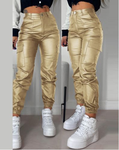 Women's Clothing Motorcycle Zipper Pleated Pocket Fashion PU Casual Patch Pocket Tight Leg Pants_mkmklike.com