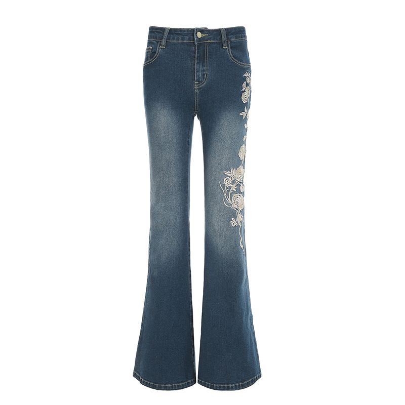 Autumn/Winter Low Waisted Women's Jeans Rose Embroidery Flared Slimming Trousers Casual Export Clothing with Pockets_mkmklike.com