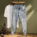 Men's Trendy Ripped Skinny Jeans Stretchy Slim Fit Embroidered Patches Spray Paint Casual Trend Brand_mkmklike.com