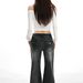 25 Autumn/Winter New Gray Bamboo Pattern Elastic Low-Waist Slightly Loose Flared Jeans For Women_mkmklike.com