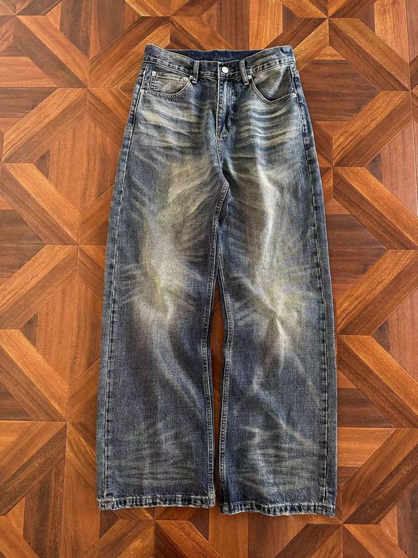 Men's Trendy Cool Faded Wide Leg Trousers American Street Style Distressed Washed Loose Straight Leg Cleanfit Jeans_mkmklike.com
