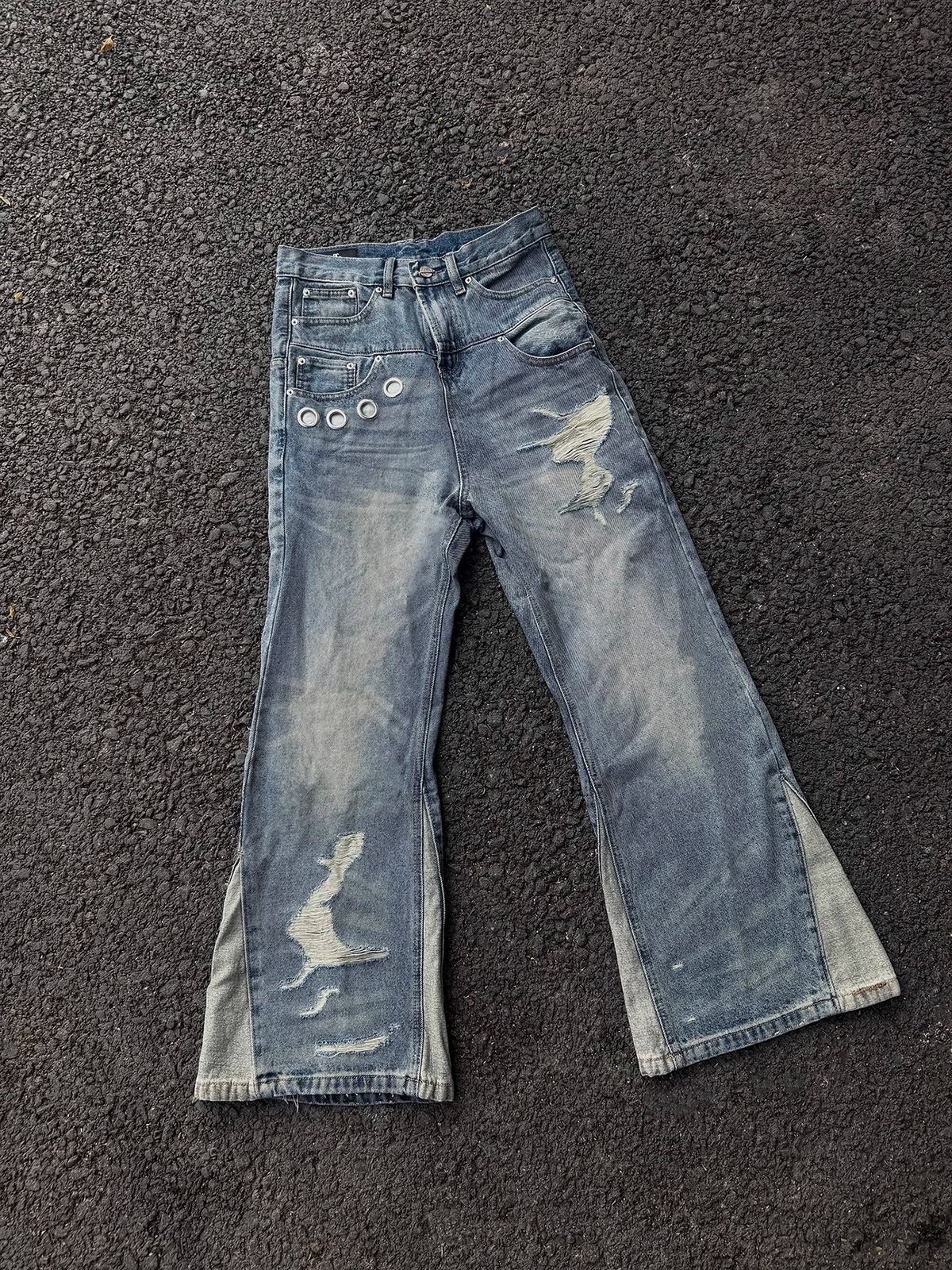 Men's Clothing American Deconstructed Stitching Double Waist Destroyed Jeans Men's Straight Slim Flared Cleanfit Pants_mkmklike.com