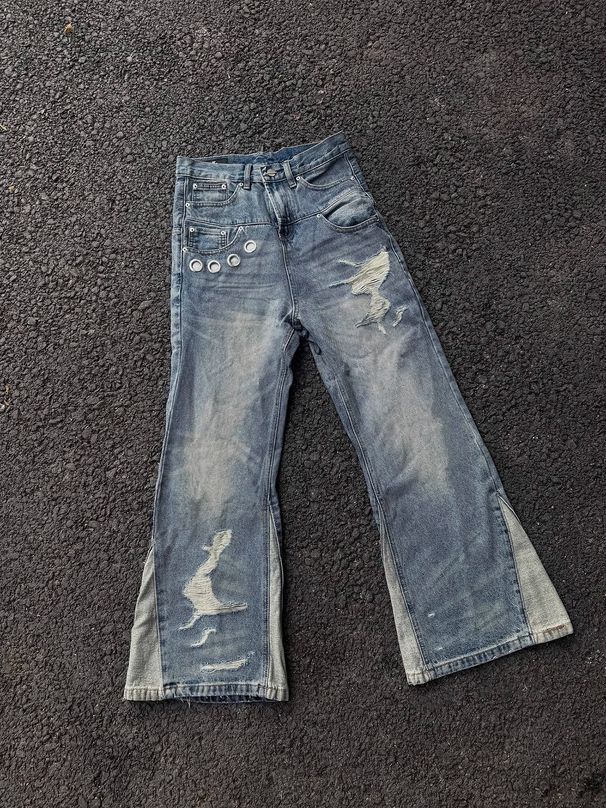 Men's Clothing American Deconstructed Stitching Double Waist Destroyed Jeans Men's Straight Slim Flared Cleanfit Pants_mkmklike.com