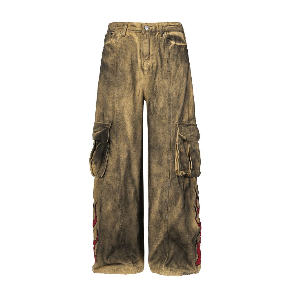 Wasteland Style Tie-Dye Vintage Dirty Workwear Jeans For Men With Design Sense, Flame Patch Embroidery, Wide-Leg Long_mkmklike.com
