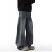 Men's High Street Wide Leg Jeans - Vintage Washed Loose Fit Straight Denim Pants With Dropped Hem (Retro Blue/Blue/Black)_mkmklike.com