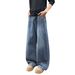 Vintage Blue American-style Curved Hem Jeans For Men, Summer High Street Vibe, Washed Wide-leg Pants, Casual Slightly_mkmklike.com