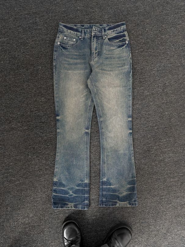 Men's Clothing 2026 American Retro Washed Blue Flared Jeans Trendy Brand Men's High Street Drape Cleanfit Pants_mkmklike.com