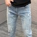 Street Graffiti Jeans Men's Ink Splashing Slim-fitting Pants Trendy Brand Ripped Patch Pants_mkmklike.com