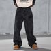 Men's Distressed Graffiti Straight Leg Jeans - Black Grey Washed Denim Pants With Hand-Painted Details_mkmklike.com