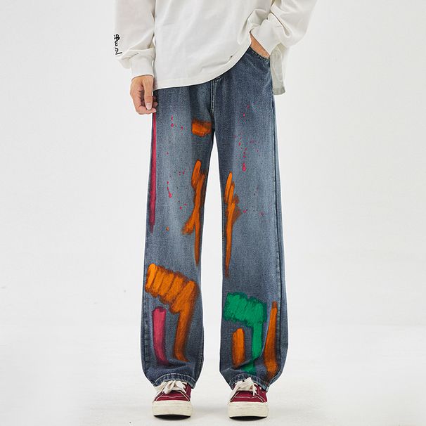 Men's Clothing Spring High Street Graffiti Wide Leg Jeans Loose Straight Leg Drape Trendy Pants_mkmklike.com