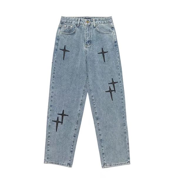 Men's Clothing Jeans High Street Cross Patch Embroidery Loose Straight Wide Leg Cow Long Pants_mkmklike.com
