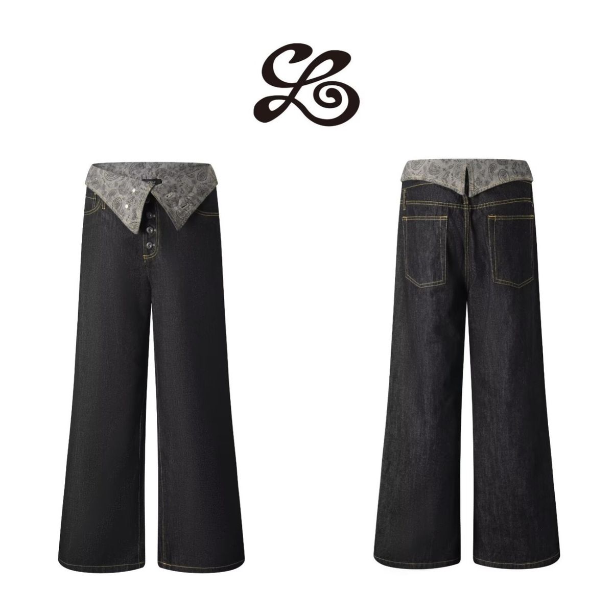 Black Paisley Patchwork Raw Denim Jeans – Unisex Straight-Leg Vintage Fit (S-3xl) Chainstitch Hem_mkmklike.com
