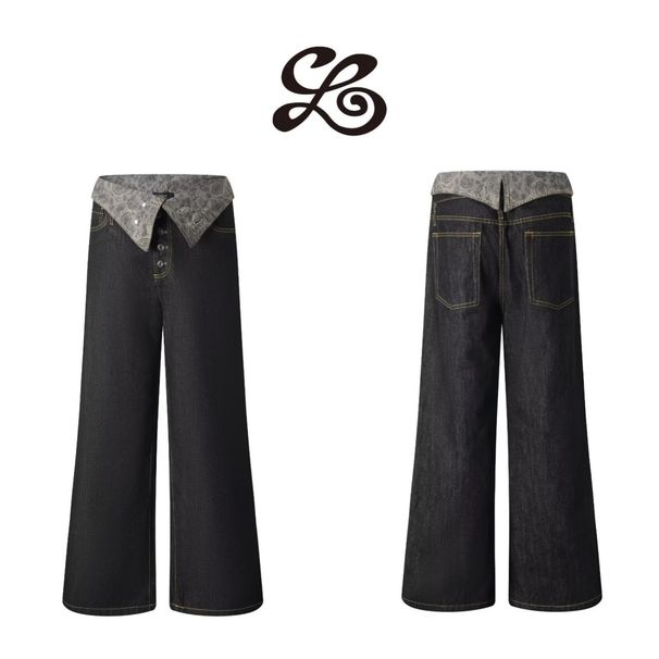 Black Paisley Patchwork Raw Denim Jeans – Unisex Straight-Leg Vintage Fit (S-3xl) Chainstitch Hem_mkmklike.com